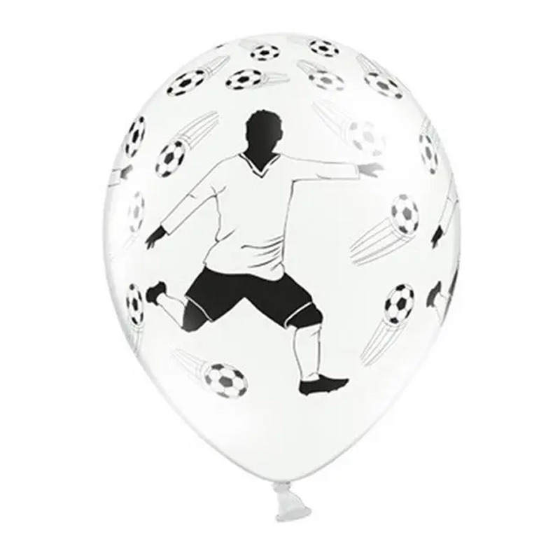 Beli balon sa printom fudbalera u šutu i fudbalskim loptama na helijumu