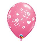 Roze latex balon sa natpisom Happy 1st Birthday za prvi rođendan napunjen helijumom