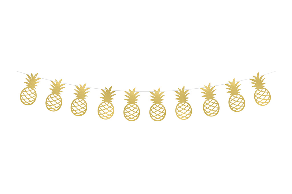 Baner ananas zlatni 1.5m – girlanda sa 10 zlatnih folijskih ananasa poređanih na konopcu