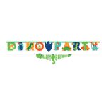 Baner Dino Party Happy Birthday 230cm – dve girlande DINO PARTY iznad i HAPPY BIRTHDAY ispod sa dinosaurusima
