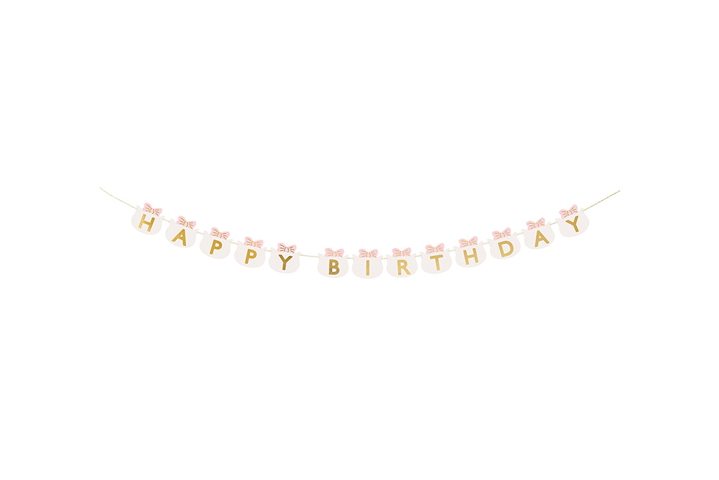 Baner Happy Birthday maca 280cm – bele kružne zastavice sa zlatnim slovima i rozim mašnama