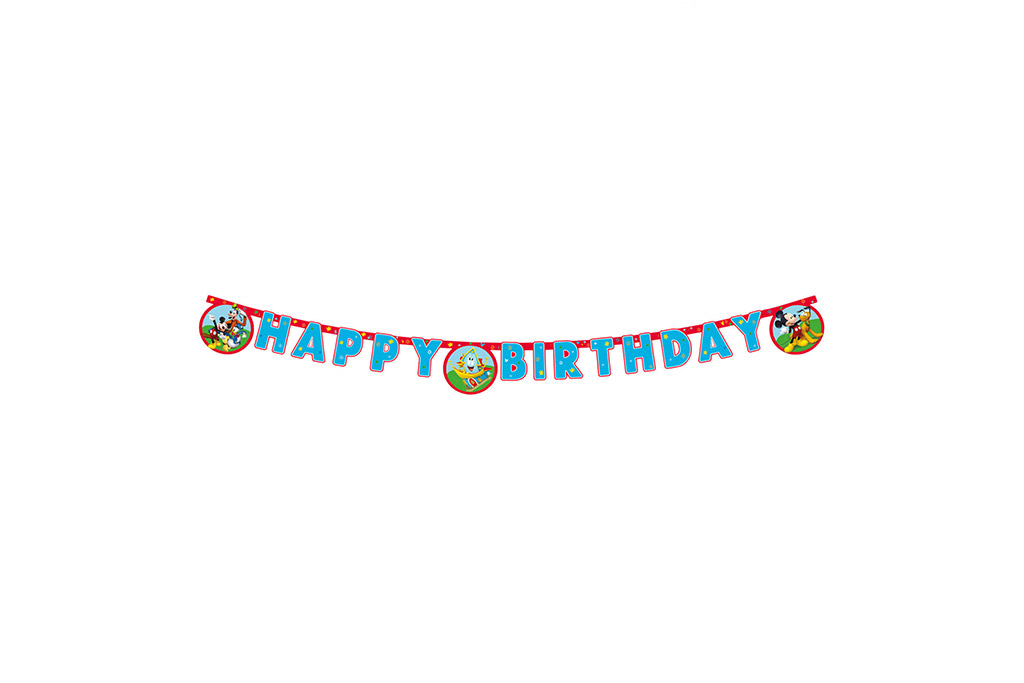 Baner Happy Birthday Mickey Mouse 2m – crveni baner sa plavim HAPPY BIRTHDAY slovima i Mickey likovima u krugovima