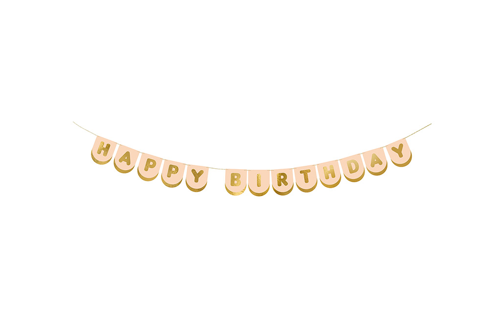 Baner Happy Birthday pastel 150cm – breskva roze polukružne zastavice sa zlatnim slovima