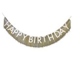 Baner Happy Birthday sa zlatnim resama 1.5m – bela HAPPY BIRTHDAY slova na zlatnom fringe