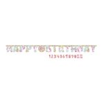 Baner Happy Birthday Unicorn 3.2m – mint baner sa jednorogom, pastel slovima, cvetićima i brojem godine za personalizaciju