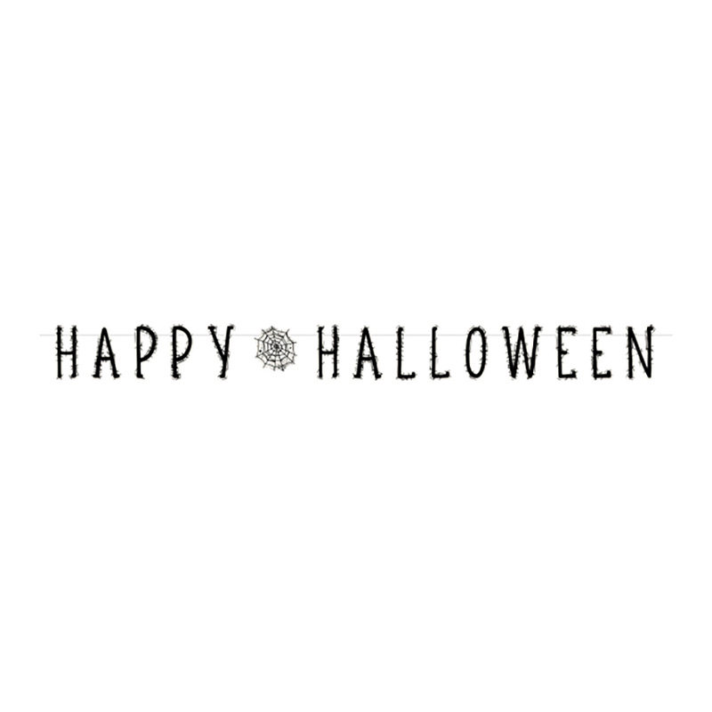 Baner Happy Halloween 180cm – crni baner sa horror slovima HAPPY HALLOWEEN i paučinom