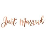 Baner Just Married 77cm – rose gold cursive slova Just Married na tankom konopcu