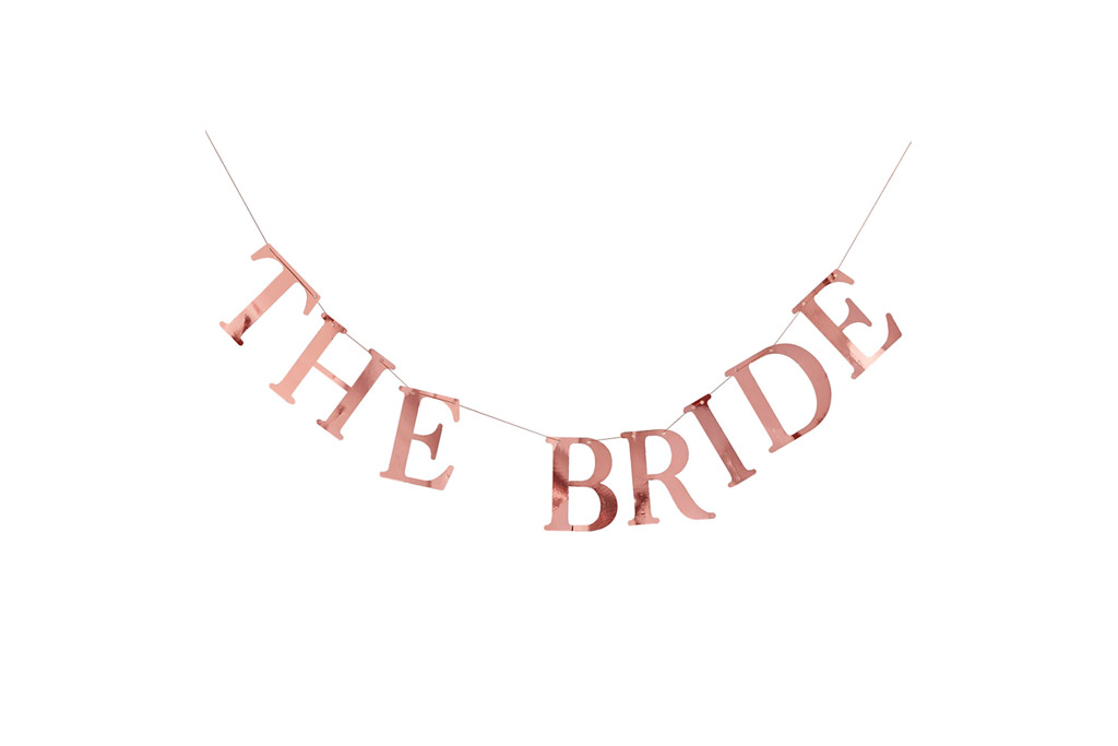 Baner The Bride sa štipaljkama za slike 1.5m – rose gold folijska slova THE BRIDE na kablu