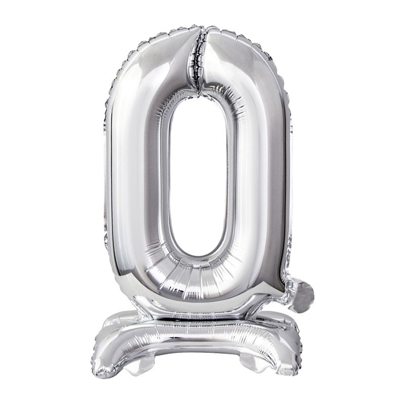 Srebrni balon broj 0 sa postoljem – sjajni srebrni folija balon u obliku broja 0 koji stoji na postolju