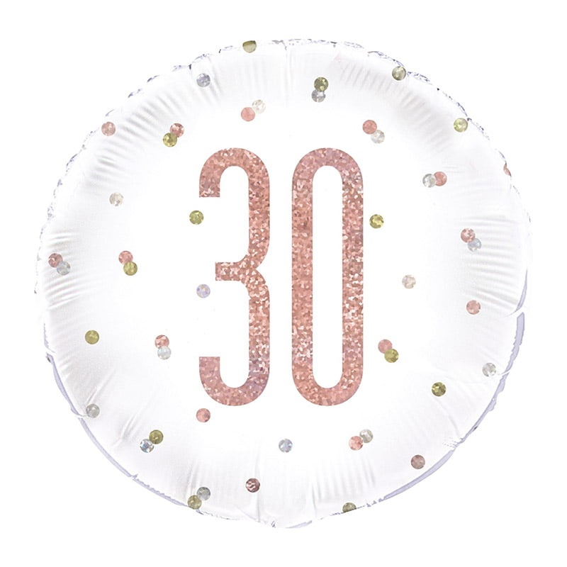 Rose gold balon za 30. rođendan sa helijumom – beli okrugli folija balon sa rose gold brojem 30 i konfetama
