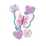 Buket balona sa leptirom za dečiji rođendan sa helijumom – roze-tirkizni leptir, Happy Birthday baloni i lavanda srca