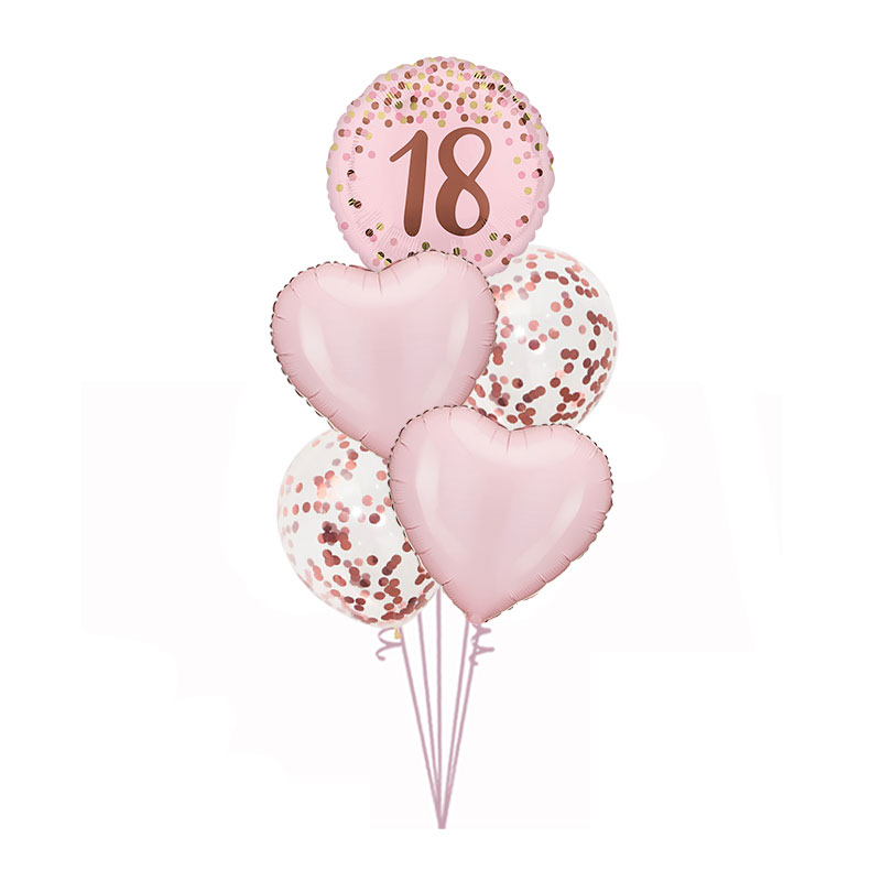 Buket balona za 18. rođendan – roze srca i providni baloni sa rose gold konfetama