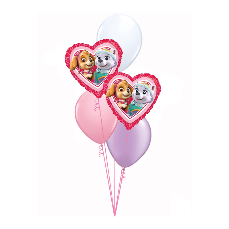 Buket Paw Patrol sa dva roze srca sa Skye i Everest i pastelnim roze lila i belim gumenim balonima