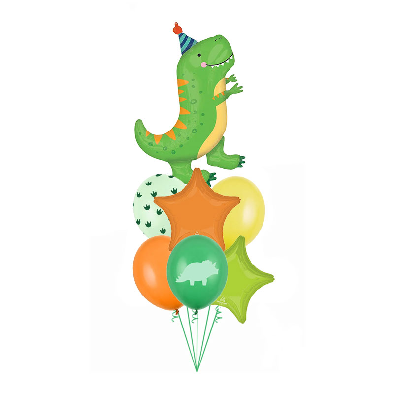 Buket za dečiji rođendan sa zelenim dinosaurusom T-Rex zvezdama i gumenim balonima sa dino printom