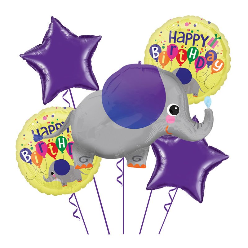 Buket sa sivim slonićem ljubičastim zvezdama i žutim Happy Birthday balonima za dečiji rođendan