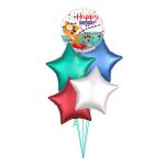 Šareni buket sa tigrićem Happy Birthday i četiri satin zvezde u raznim bojama za dečiji rođendan