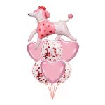 Buket balona sa velikom roze pudlicom sa crvenom mašnom tri roze sjajna srca i tri providna konfete balona