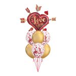 Buket balona sa velikim crvenim srcem Love You sa strelama zlatnim chrome balonima i providnim konfete balonima