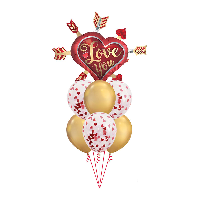 Buket balona sa velikim crvenim srcem Love You sa strelama zlatnim chrome balonima i providnim konfete balonima