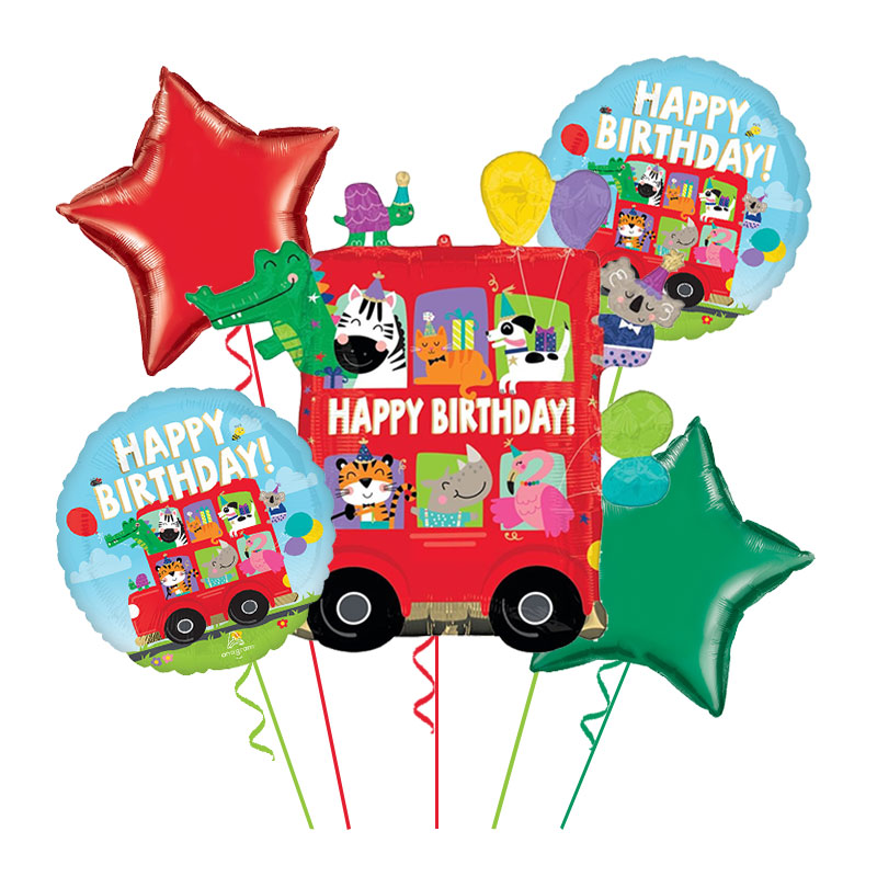 Buket za dečiji rođendan sa crvenim autobusom punim životinja Happy Birthday okruglim balonima i zvezdama