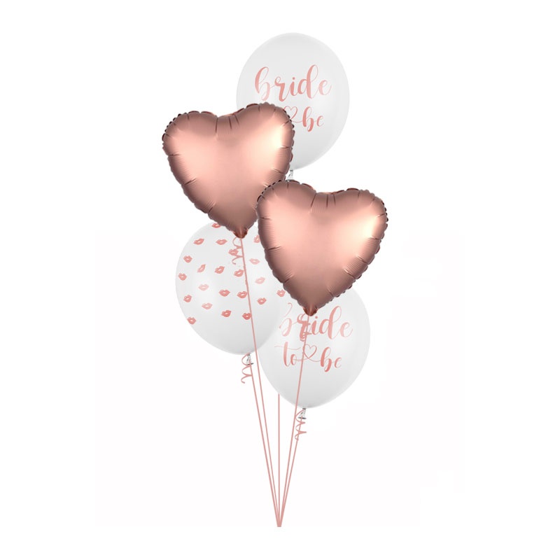 Buket balona za devojačko veče rose gold – 5 balona sa helijumom, mat rose gold srce, konfete