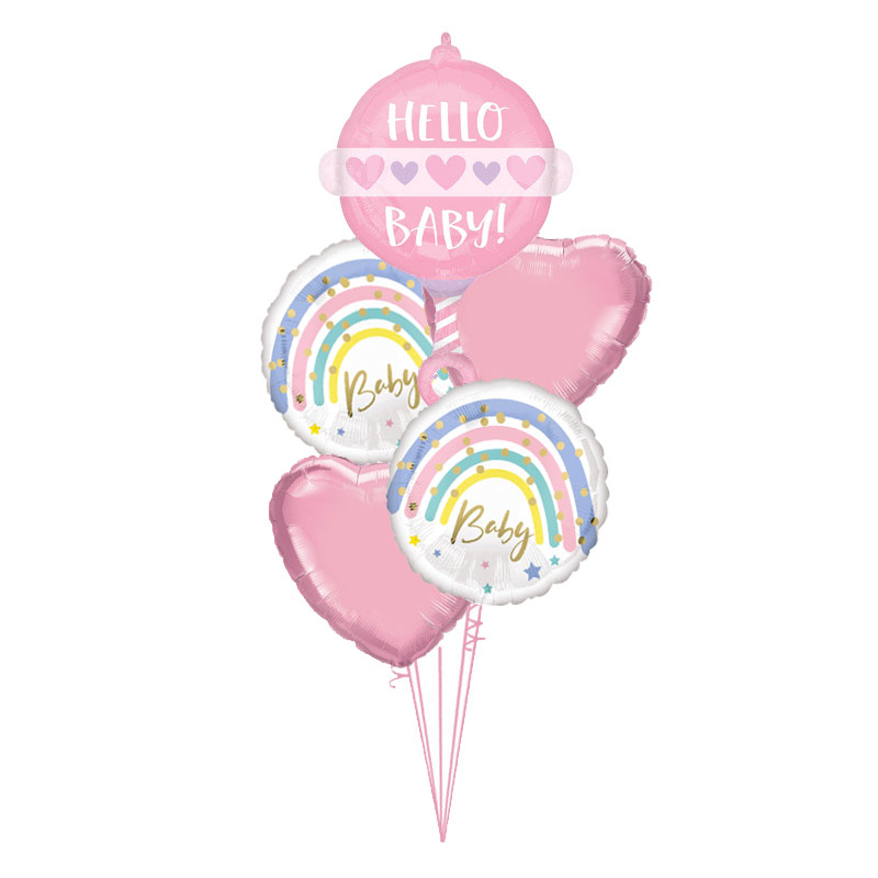 Roze buket za rođenje devojčice sa balonom zvečkom Hello Baby, okruglim Baby balonima i roze srcima