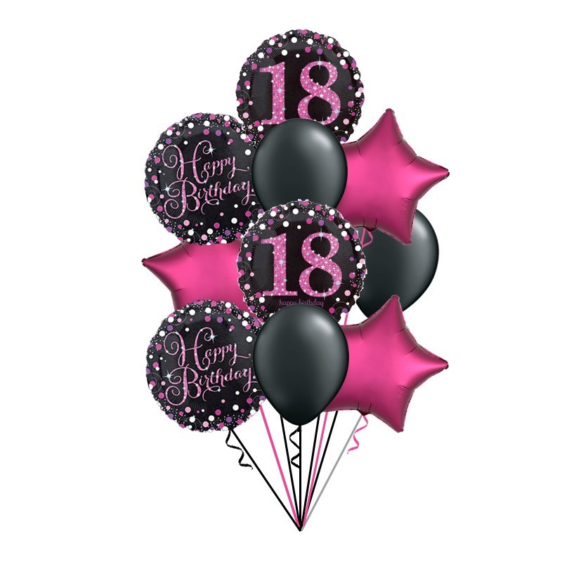 Crno-magenta buket od 9 balona za 18. rođendan sa Happy Birthday natpisom, brojem 18 i magenta zvezdama