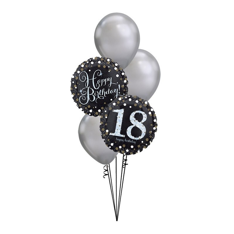 Crno-srebrni buket balona za 18. rođendan sa helijumom – crni Happy Birthday i 18 okrugli baloni sa srebrnim chrome balonima