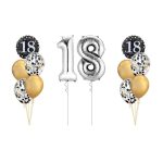 Dekoracija balonima za 18. rođendan sa helijumom – srebrni brojevi 1 i 8, crni Happy Birthday baloni i chrome zlatni sa konfetama