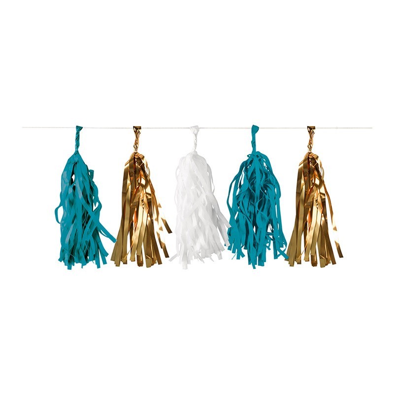 Girlande Pineapple vibes 400cm – tassel girlande u tirkiznoj, zlatnoj i beloj boji