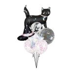 Glamurozni Halloween buket sa velikom crnom macom šeširom veštice holografskom zvezdom disco kuglom i providnim balonom sa konfetama