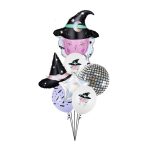 Glamurozni Halloween buket od balona sa roze vešticom crnim šeširom holografskom zvezdom disco orbz balonom i lila gumenim balonima sa šišmišima