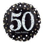 Balon za 50. rođendan sa helijumom – okrugli crni folija balon sa srebrnim brojem 50 i natpisom happy birthday