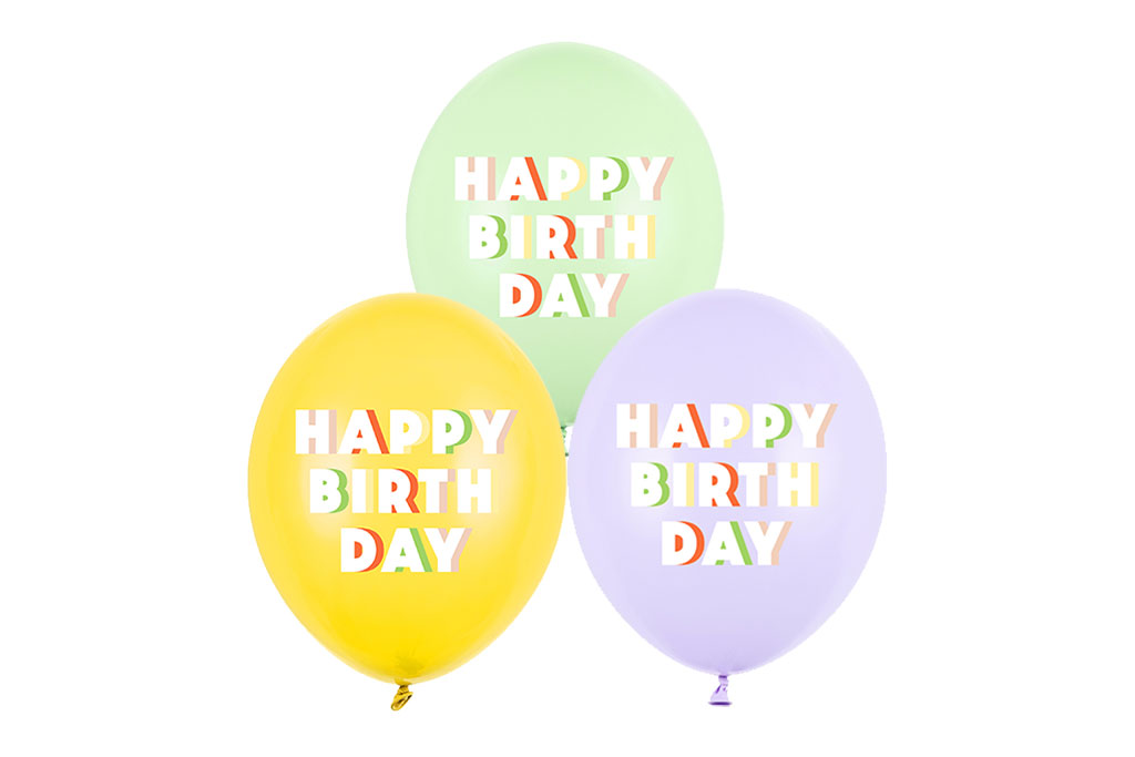 Pastelni latex balon sa Happy Birthday natpisom napunjen helijumom sa tegom