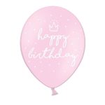 Roze happy birthday latex balon sa belim natpisom napunjen helijumom