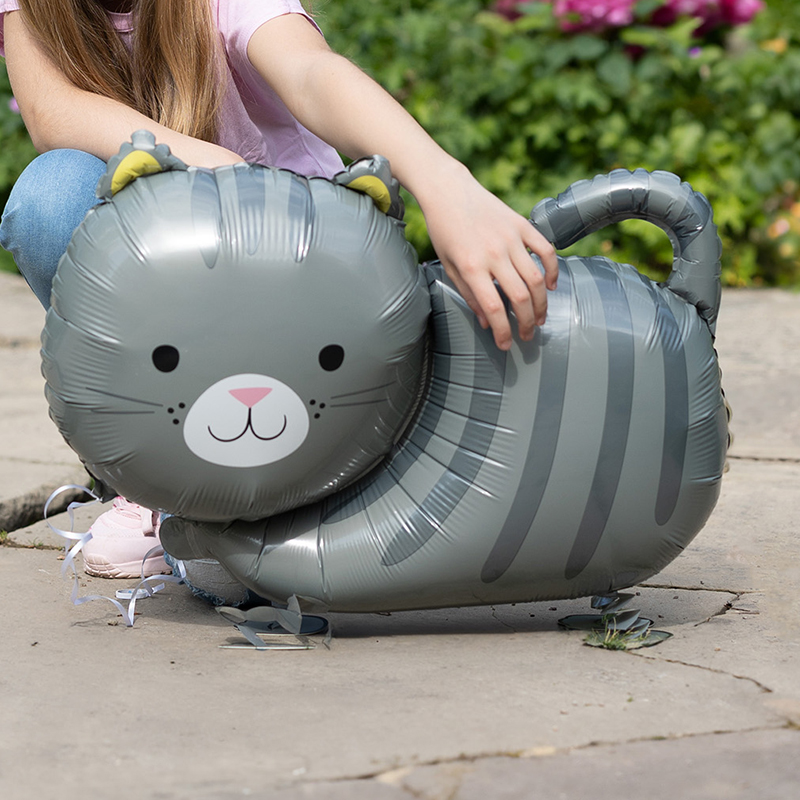 Hodajući balon maca siva tigrata mačka koja hoda po podu