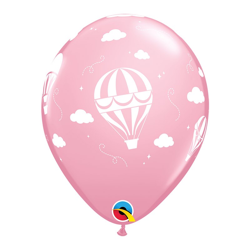 Roze latex balon sa printom hot air balona napunjen helijumom