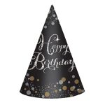 Kapice Happy Birthday glitter crne 8 kom – crna kapica sa srebrnim glitter Happy Birthday cursive natpisom i zlatno-srebrnim konfetama