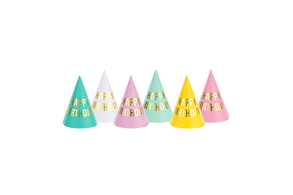 Kapice Happy Birthday šarene 6 kom – šest kapica u tirkiznoj, beloj, lila, mint, žutoj i roze sa zlatnim Happy Birthday natpisom