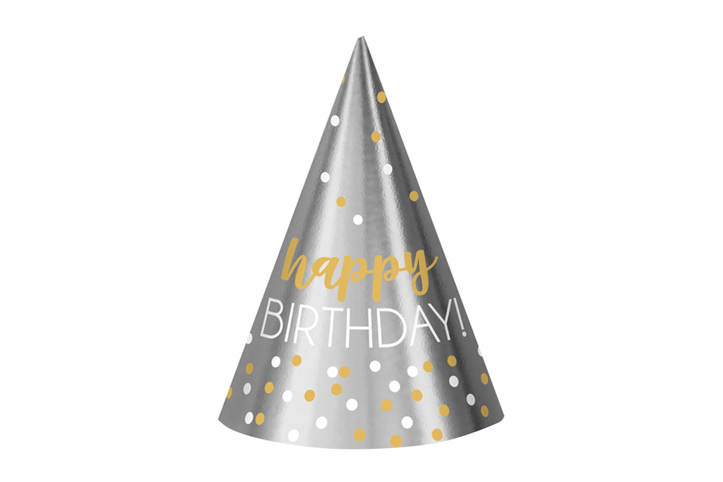 Kapice Happy Birthday srebrne konfeti 12 kom – sjajna srebrna kapica sa zlatnim Happy i belim Birthday! natpisom i zlatno-belim konfetama