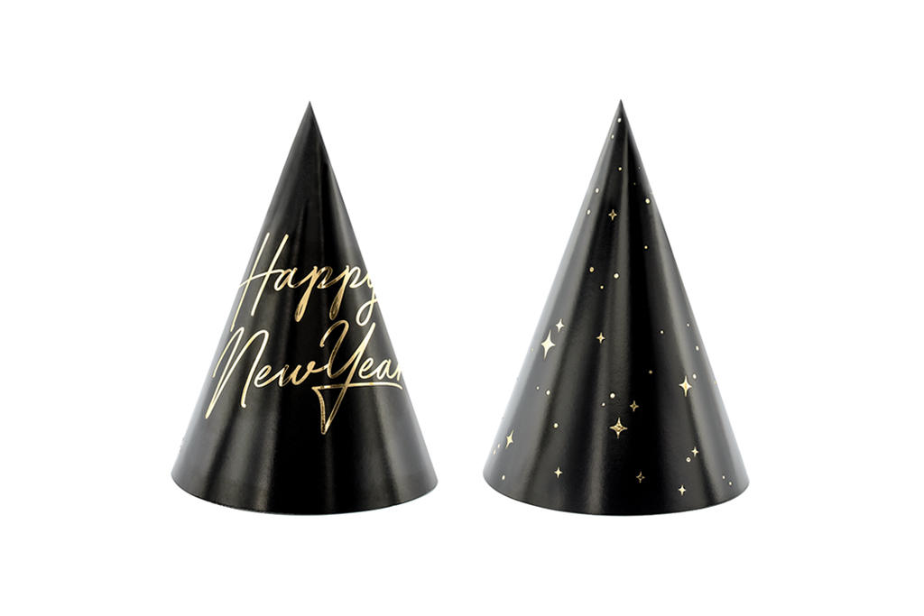 Kapice Happy New Year crne zlatne 6 kom – dve crne kapice: jedna sa zlatnim cursive Happy New Year natpisom, druga sa zlatnim zvezdicama