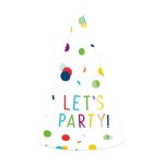 Kapice Let is party šareni konfeti 8 kom – bela kapica sa šarenim tačkicama konfetama i šarenim Let's Party! natpisom