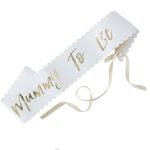 Lenta Mummy to be bela zlatna – bela papirna scalloped lenta sa zlatnim cursive Mummy To Be natpisom i krem satenskim trakama