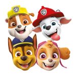 Maske Paw Patrol 8 kom – četiri dizajna maski: Rubble sa žutim šlemom, Marshall sa crvenom kapom, Chase sa plavom, Skye sa roze