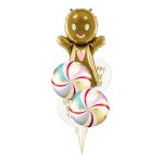 Novogodišnji buket sa velikim zlatnim medenjak čovečuljkom sa srcem, dva šarena candy swirl okrugla balona i dva bela Happy New Year gumena balona