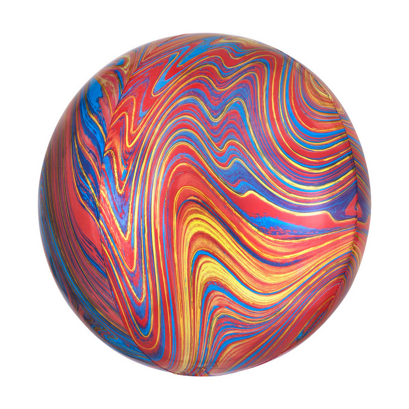 Orbz balon šareni marble 40cm – 3D sferični folijski balon sa marble valovitim dezenom u crvenoj, plavoj, žutoj i crnoj boji
