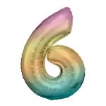 Ombre dugin balon broj 6 sa helijumom – pastelni gradient preliv od ljubičaste preko zlatne do tirkizne, 102cm