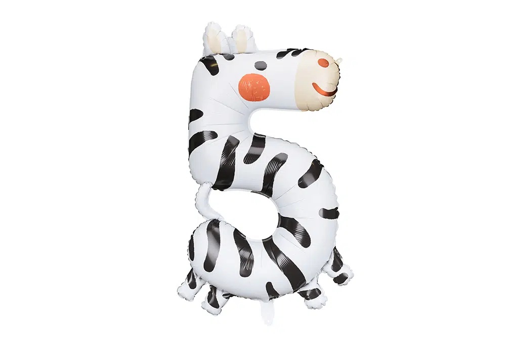 Zebra balon broj 5 sa helijumom – beli folija balon sa crnim zebra prugama i slatkim licem zebre, 102cm