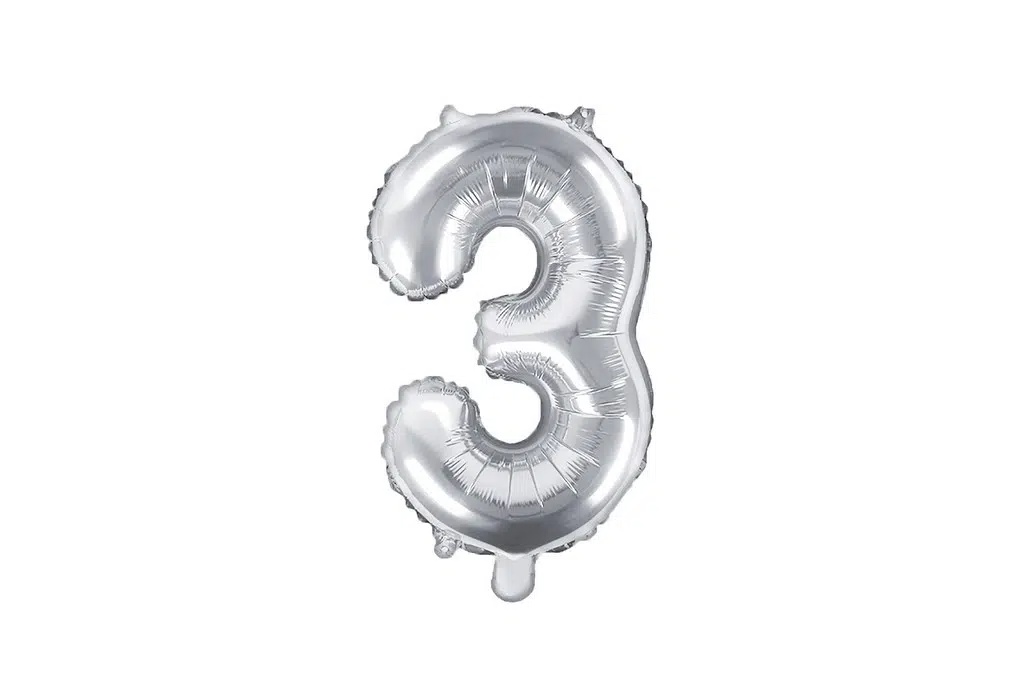 Srebrni mali balon broj 3 – kompaktni srebrni folija balon za dekoraciju, 102cm