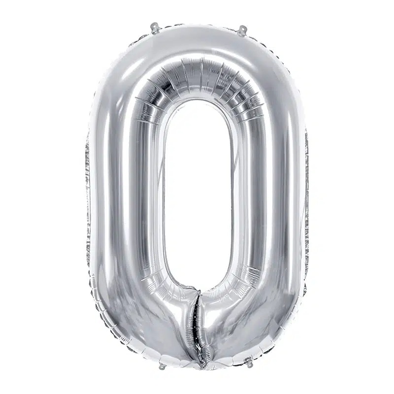 Srebrni balon broj 0 sa helijumom – sjajni srebrni metalik folija, 102cm